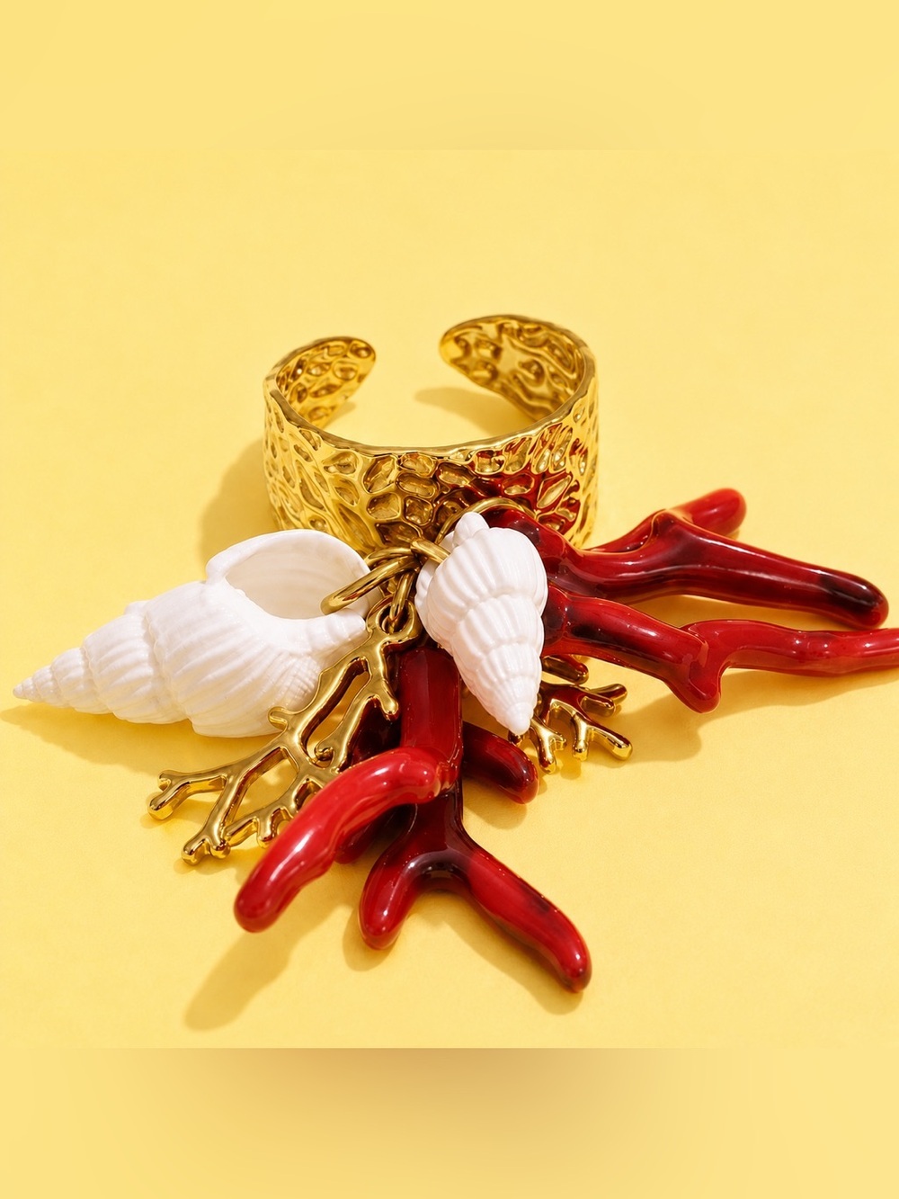 Seashell Red Coral White Shell Charms Ring